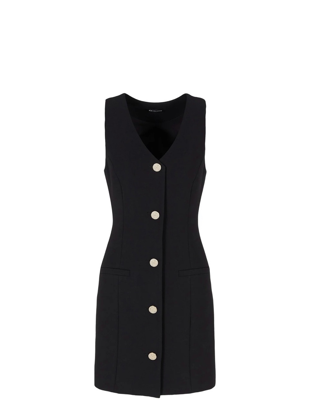 A/X Armani Exchange Black Sleeveless V-Neck Mini Dress with Silver Buttons